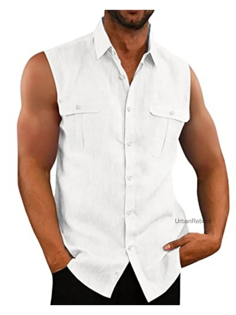 Mens Linen Cotton Sleeveless Button Down Shirt Summer Beach Tank Top